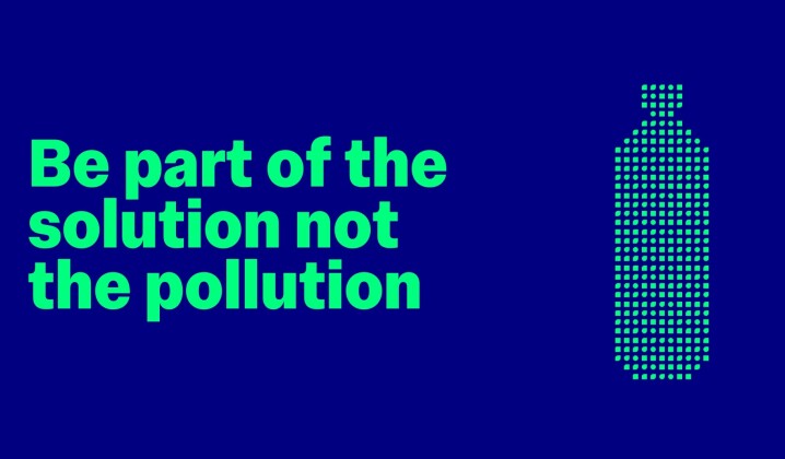 Graphic with a green water bottle and statement - Be part of the solution, not the pollution. 